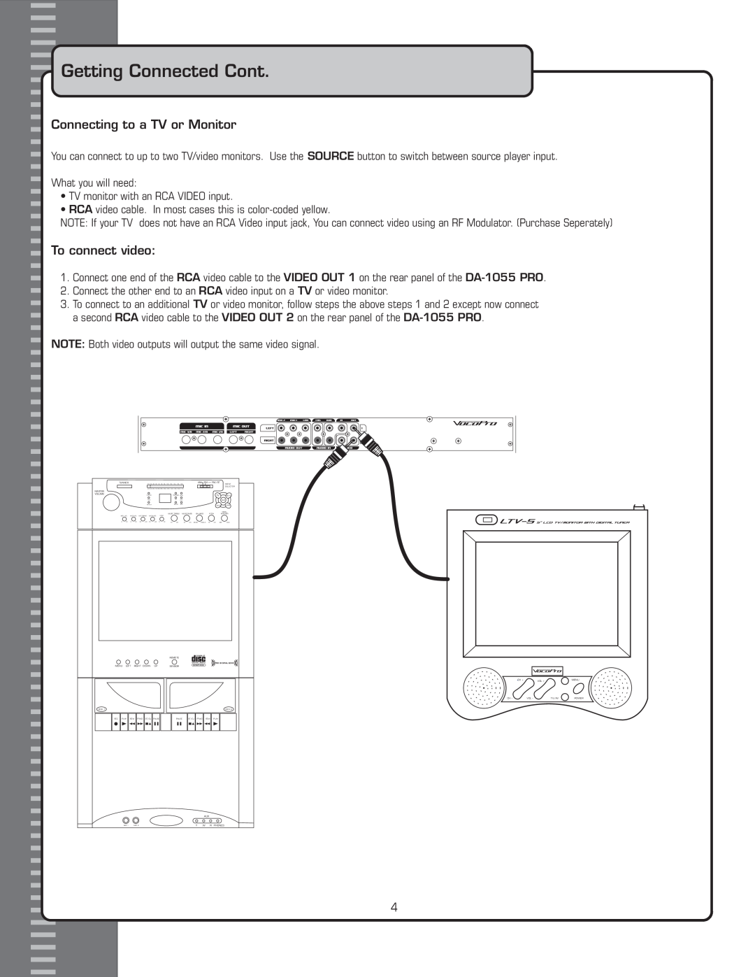 VocoPro DA-1055 PRO owner manual Getting Connected Cont, Connecting to a TV or Monitor, To connect video 