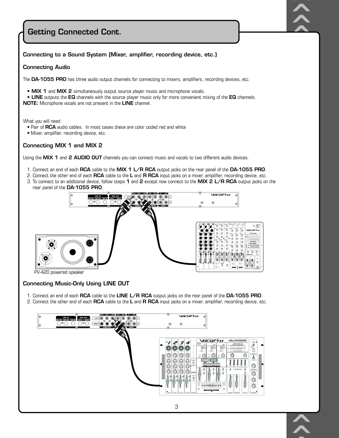 VocoPro DA-1055 PRO owner manual Getting Connected Cont, Connecting Audio, Connecting MIX 1 and MIX 