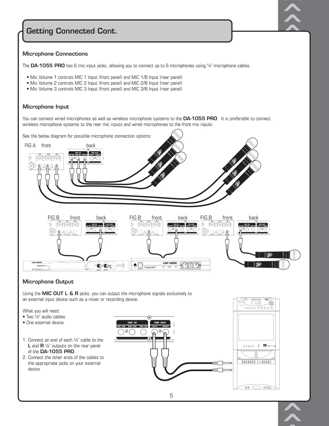 VocoPro DA-1055 PRO owner manual Microphone Connections, Microphone Input, Front Back, Microphone Output 