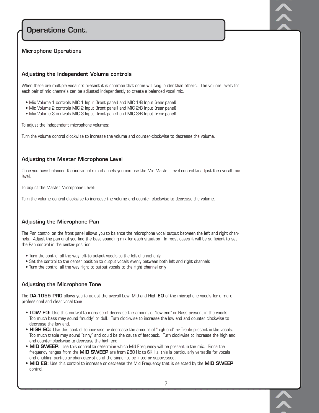 VocoPro DA-1055 PRO Adjusting the Master Microphone Level, Adjusting the Microphone Pan, Adjusting the Microphone Tone 