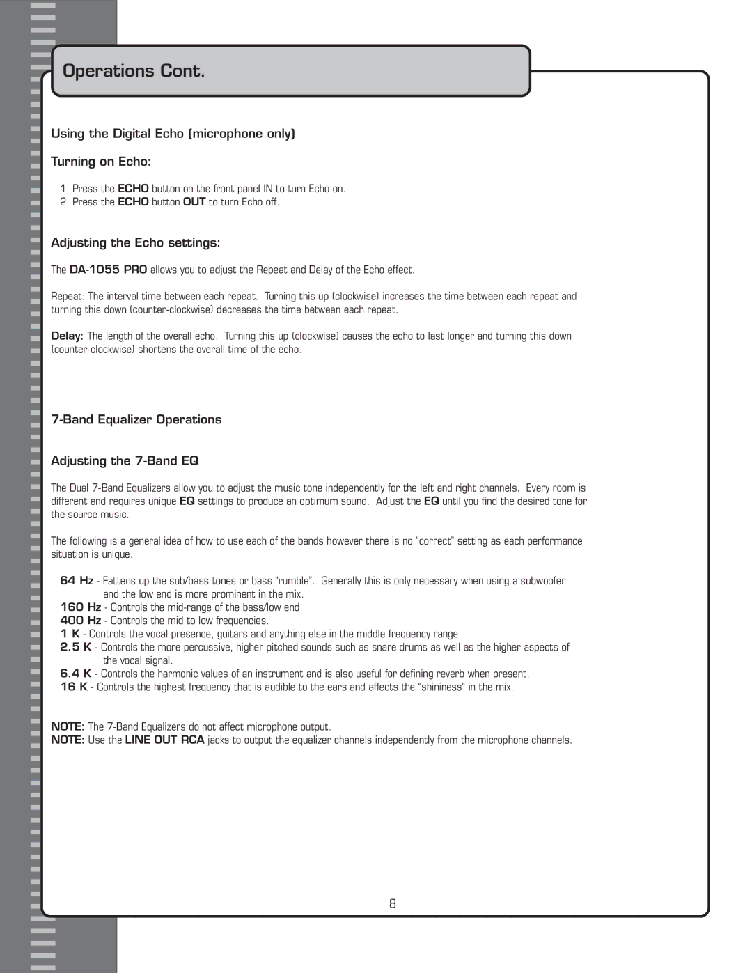 VocoPro DA-1055 PRO owner manual Using the Digital Echo microphone only Turning on Echo, Adjusting the Echo settings 