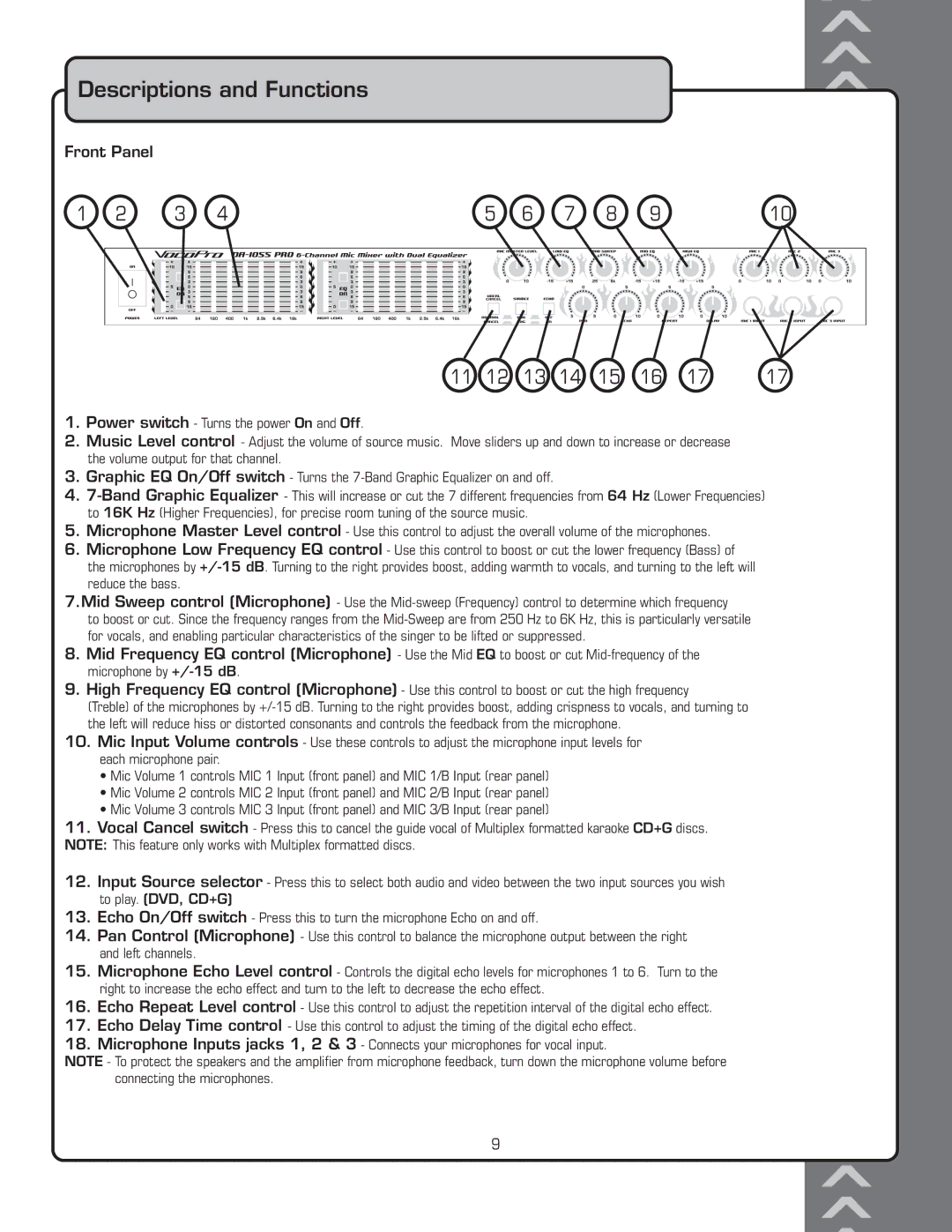 VocoPro DA-1055 PRO owner manual Descriptions and Functions, Front Panel 