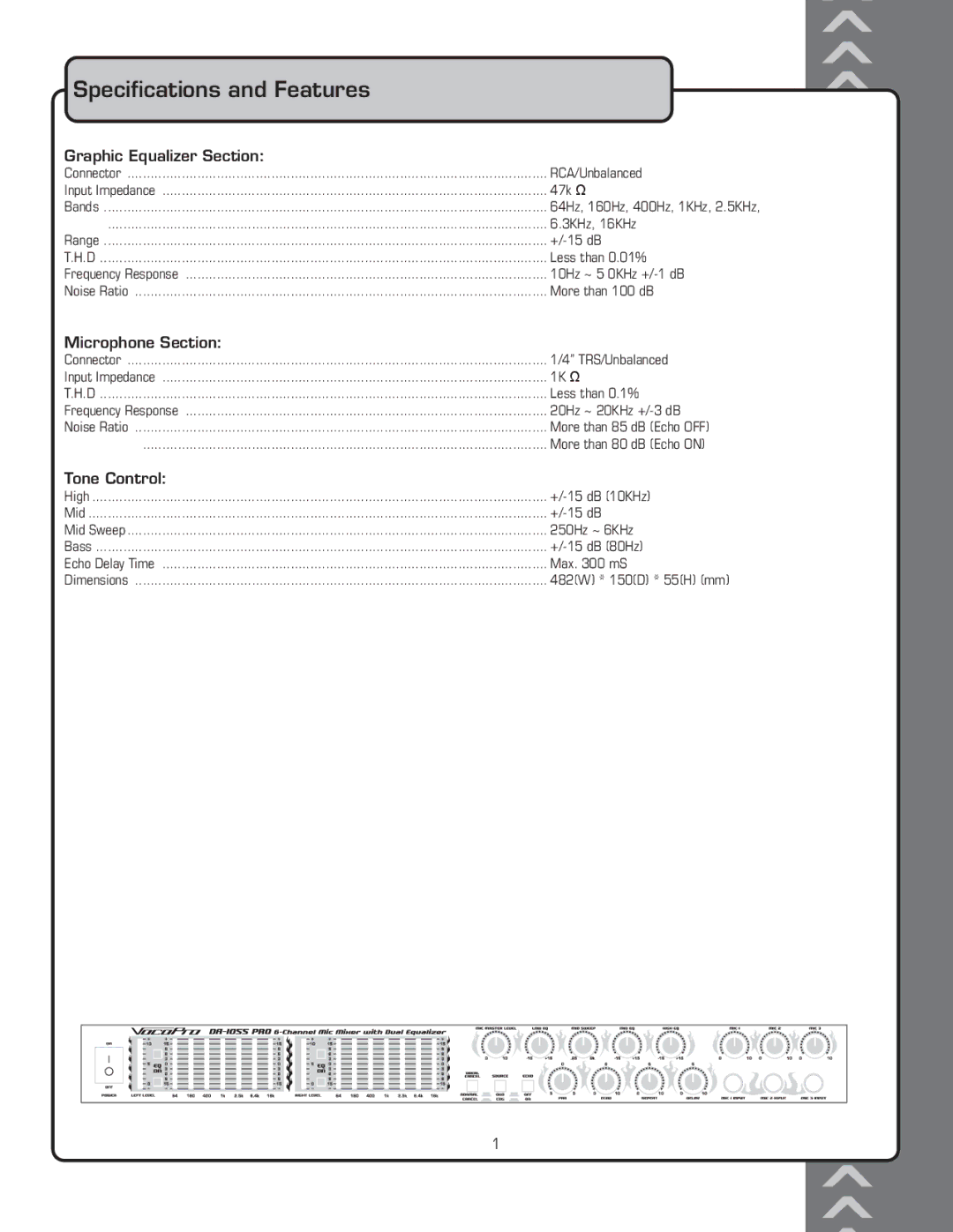 VocoPro DA-1055 PRO owner manual Speciﬁcations and Features, Graphic Equalizer Section, Microphone Section, Tone Control 