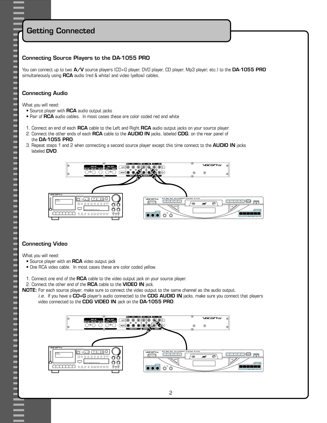 VocoPro owner manual Getting Connected, Connecting Source Players to the DA-1055 PRO, Connecting Audio, Connecting Video 