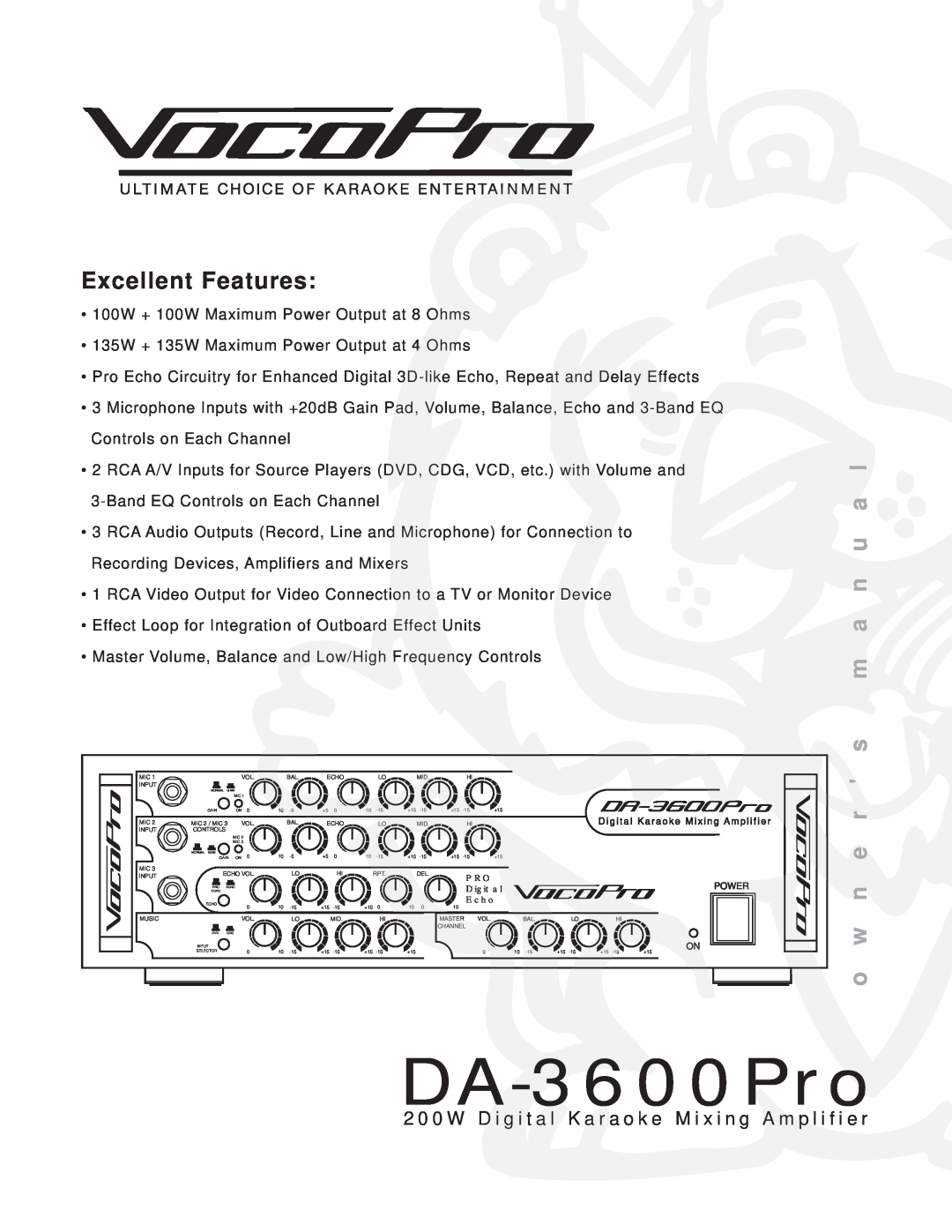 VocoPro DA-3600Pro2 owner manual Excellent Features, m a n u a l 