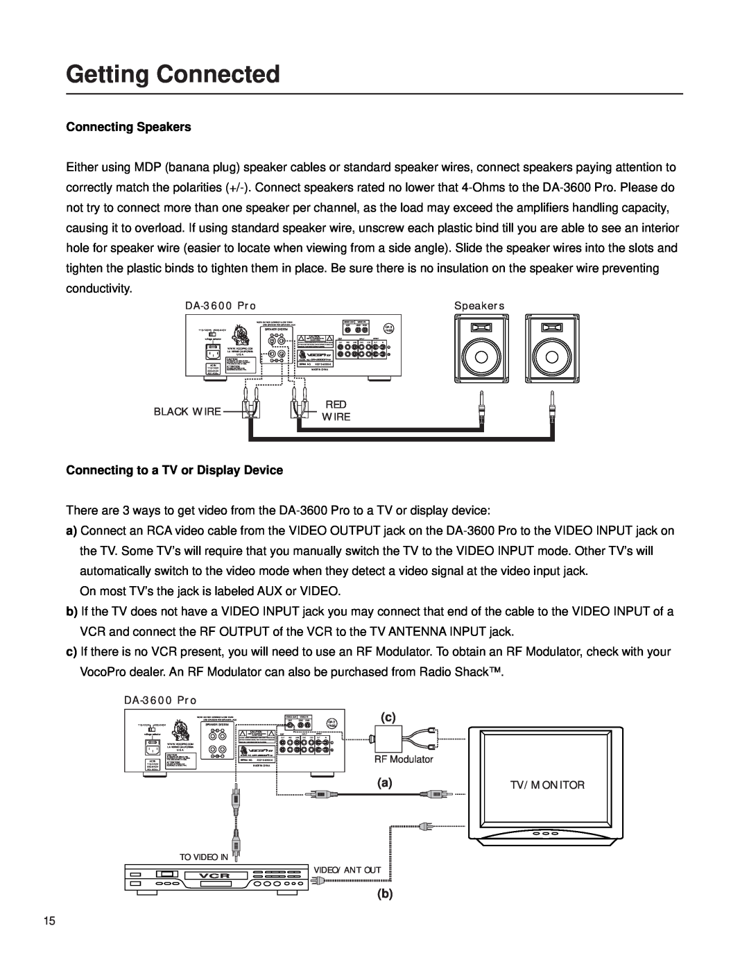 VocoPro DA-3600Pro2 owner manual Getting Connected, Connecting Speakers, Connecting to a TV or Display Device 