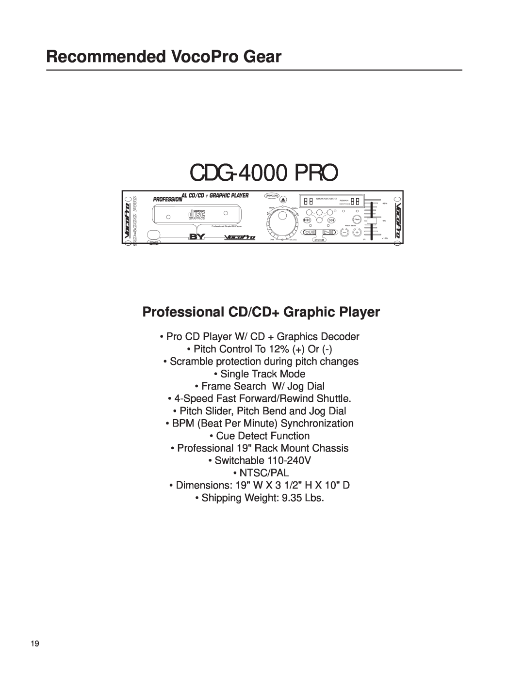 VocoPro DA-3600Pro2 owner manual CDG-4000PRO, Recommended VocoPro Gear, Professional CD/CD+ Graphic Player 