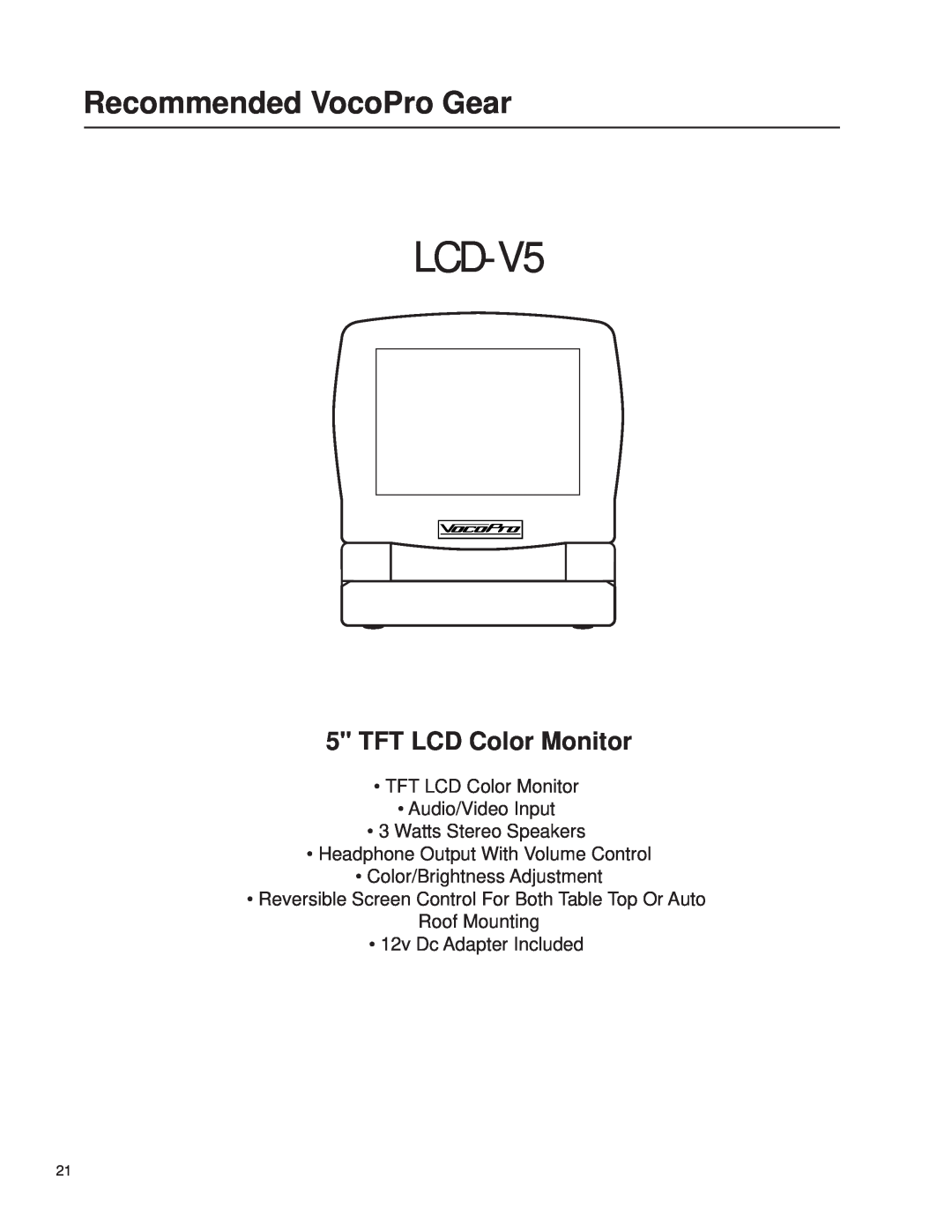 VocoPro DA-3600Pro2 owner manual LCD-V5, TFT LCD Color Monitor, Recommended VocoPro Gear 