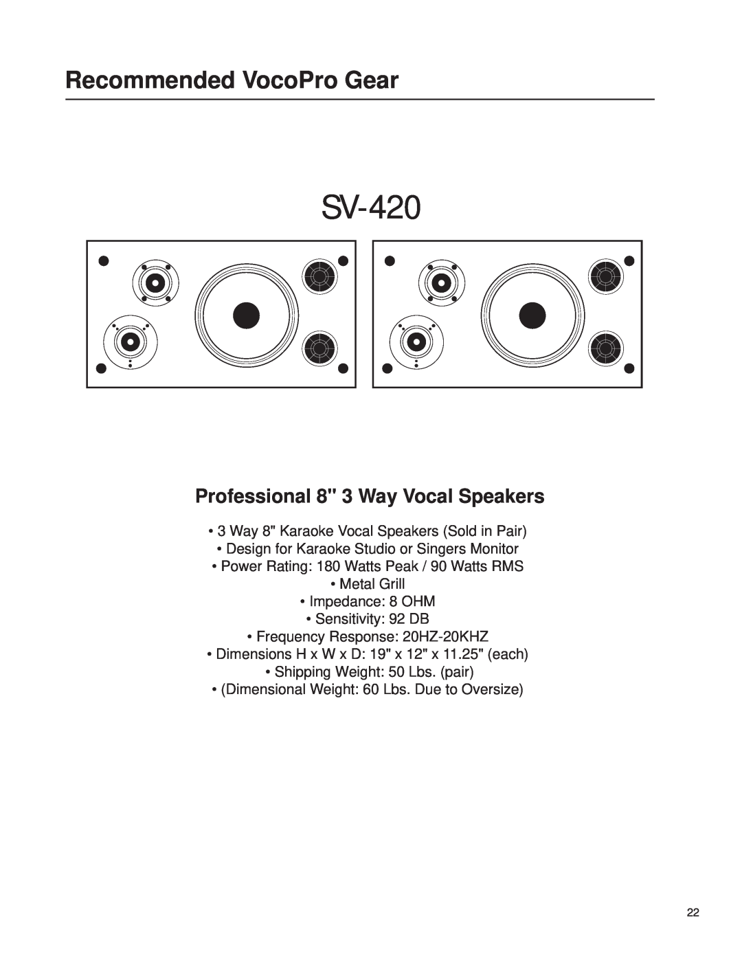 VocoPro DA-3600Pro2 owner manual SV-420, Professional 8 3 Way Vocal Speakers, Recommended VocoPro Gear 