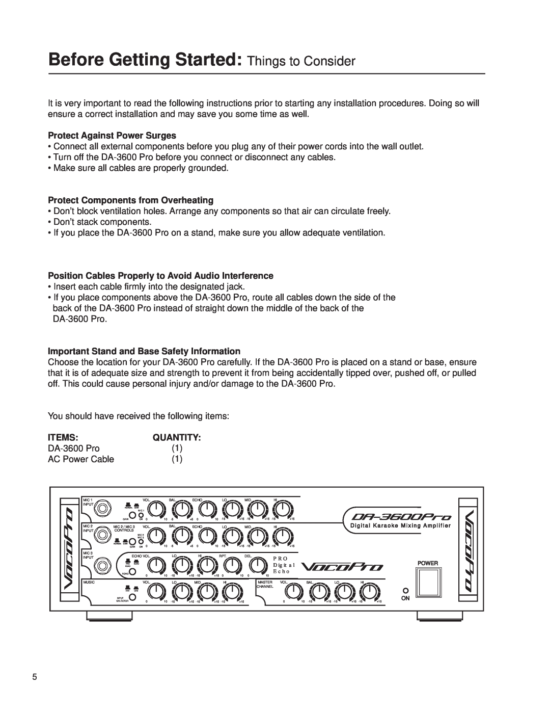 VocoPro DA-3600Pro2 owner manual Before Getting Started Things to Consider, Protect Against Power Surges, Items, Quantity 