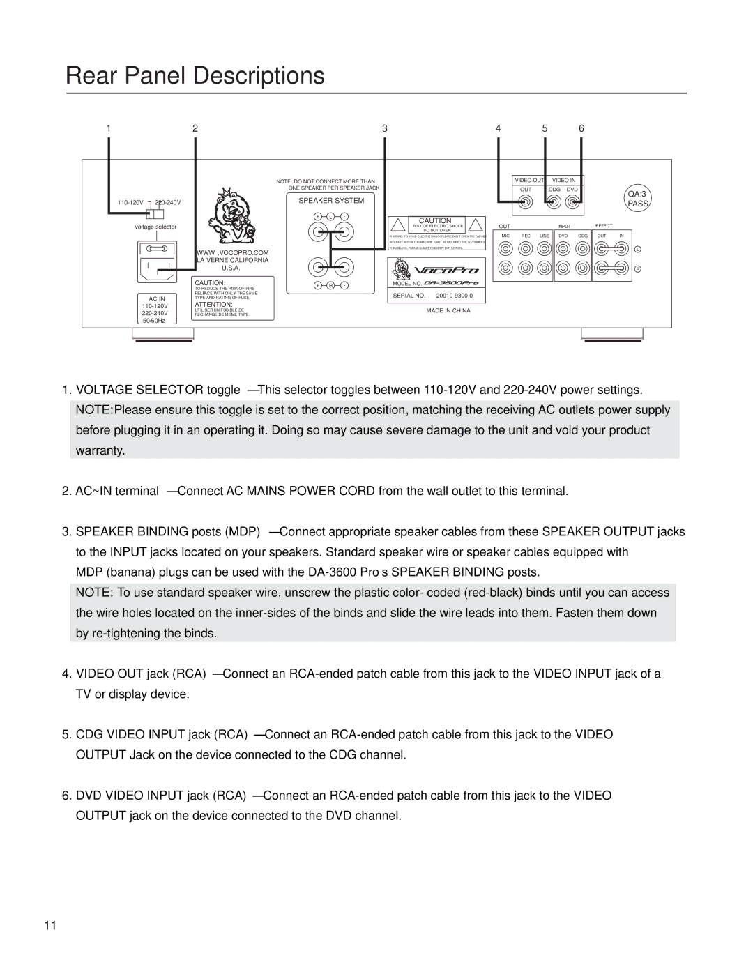 VocoPro DA-3600Pro2 owner manual Rear Panel Descriptions, LA Verne California 