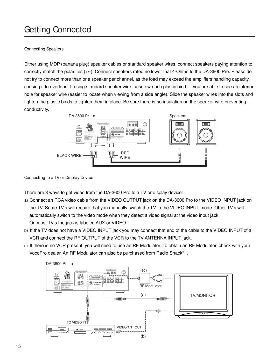 VocoPro DA-3600Pro2 owner manual Connecting Speakers, Connecting to a TV or Display Device 