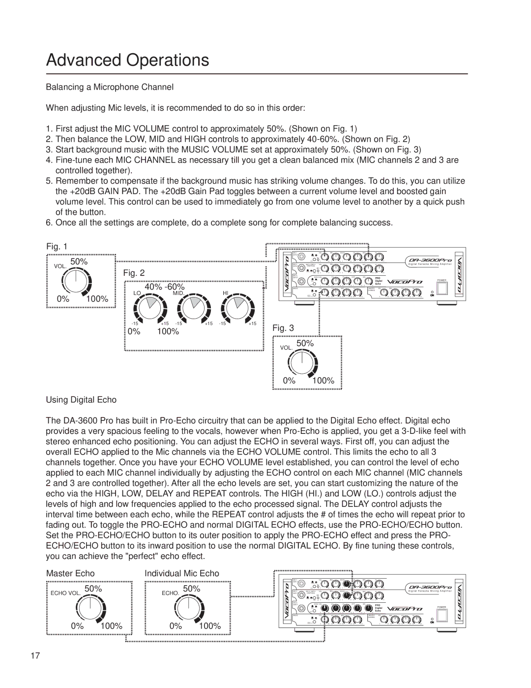 VocoPro DA-3600Pro2 owner manual Balancing a Microphone Channel, Using Digital Echo, Master Echo Individual Mic Echo 