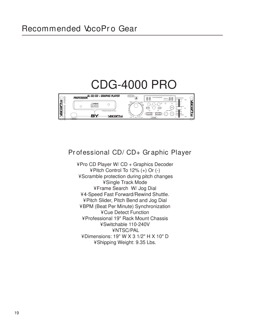 VocoPro DA-3600Pro2 owner manual Recommended VocoPro Gear, Professional CD/CD+ Graphic Player 