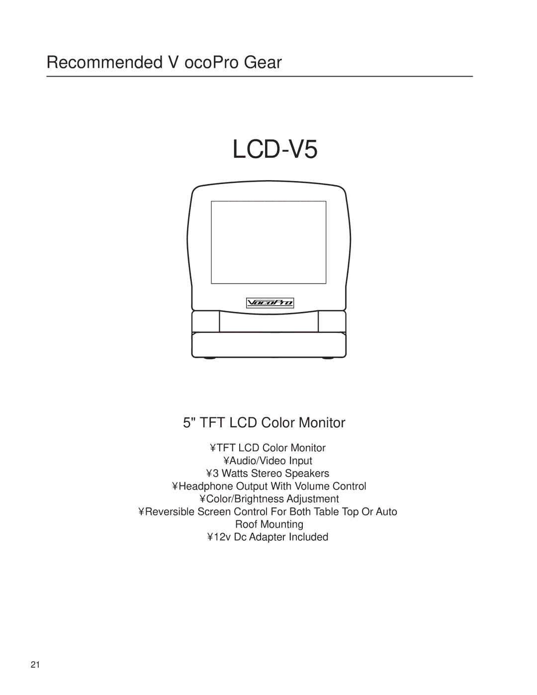 VocoPro DA-3600Pro2 owner manual LCD-V5, TFT LCD Color Monitor 