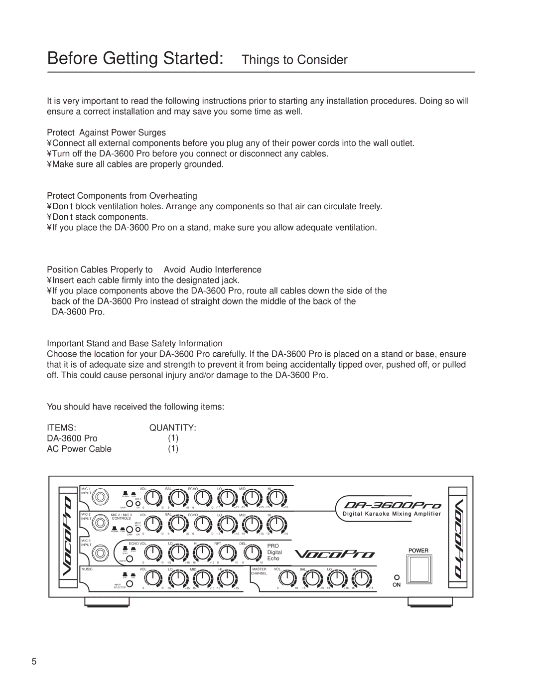 VocoPro DA-3600Pro2 owner manual Before Getting Started Things to Consider, Protect Against Power Surges 