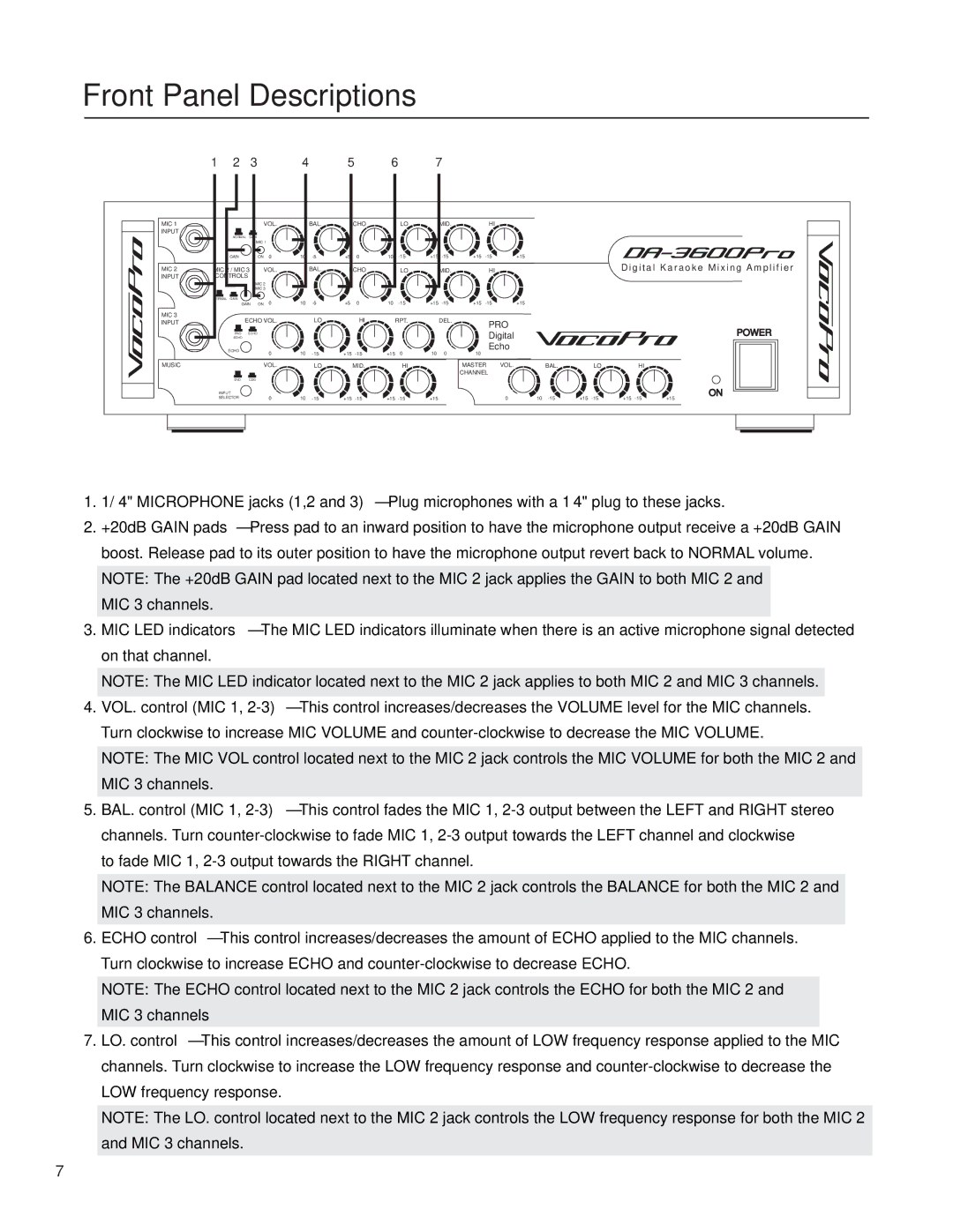 VocoPro DA-3600Pro2 owner manual Front Panel Descriptions 