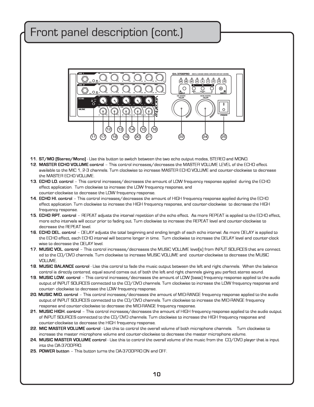 VocoPro DA-3700 owner manual Front panel description cont 