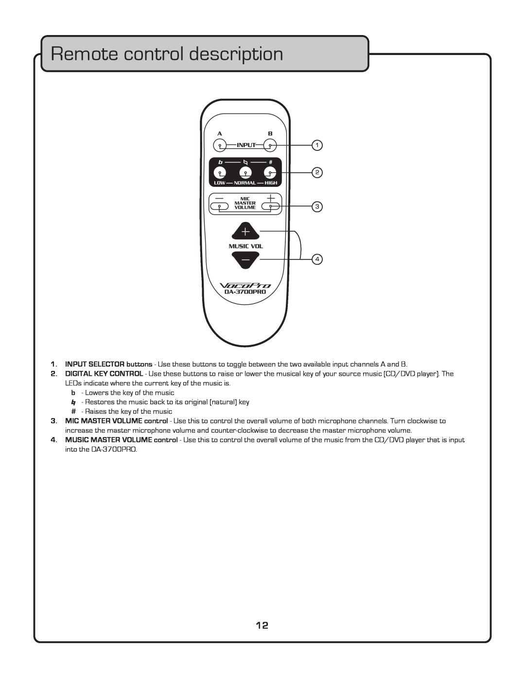VocoPro DA-3700 owner manual Remote control description 