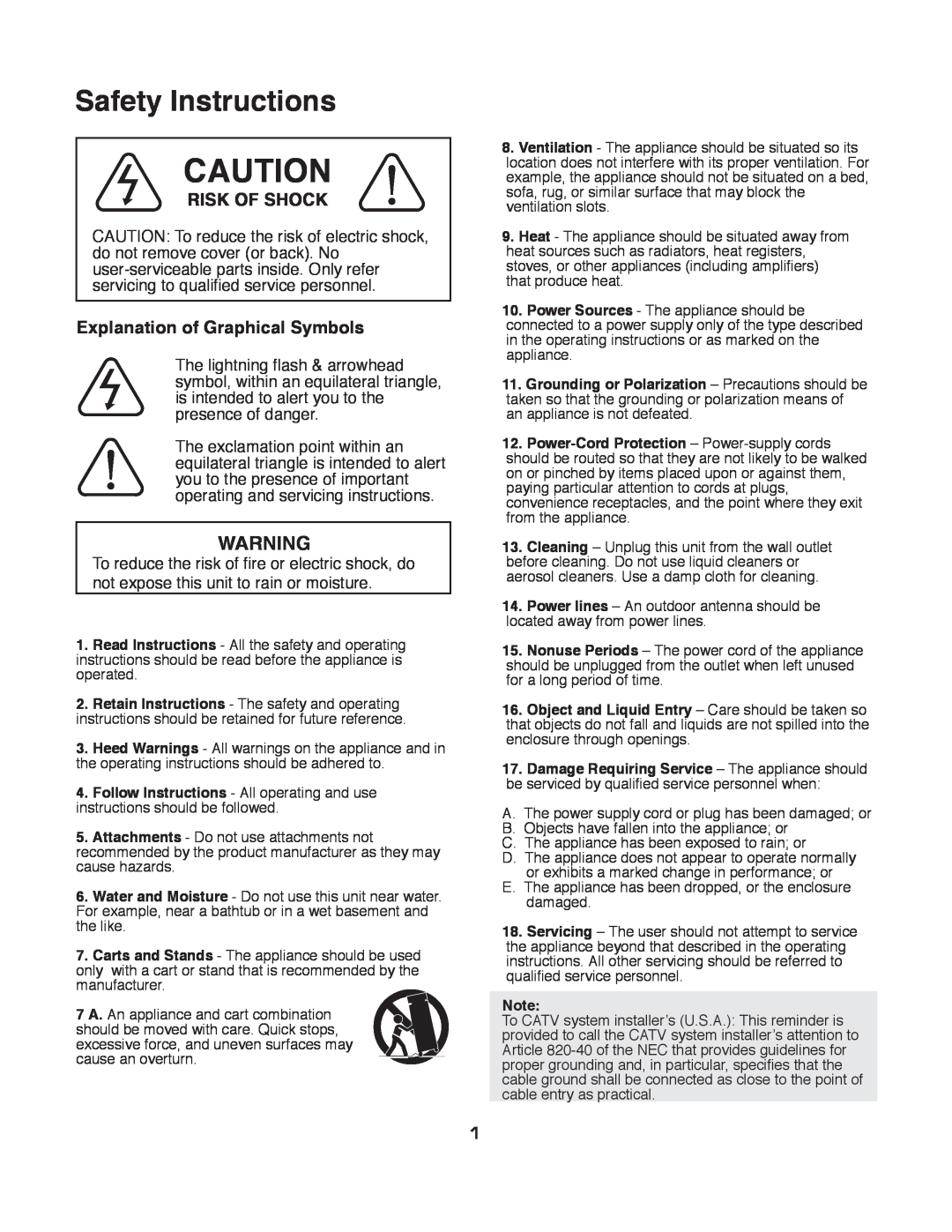 VocoPro DA-3700 owner manual Risk Of Shock, Explanation of Graphical Symbols, Safety Instructions 