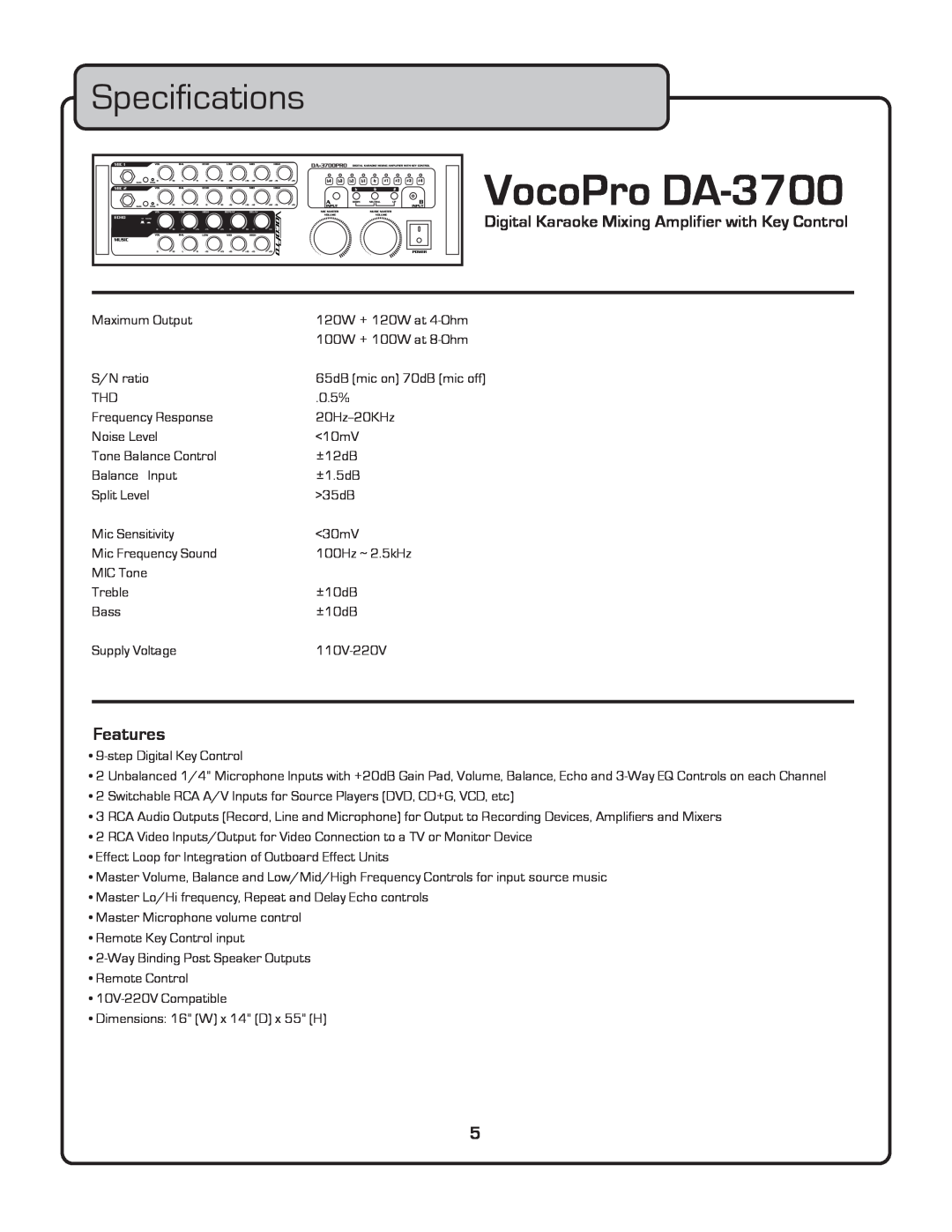 VocoPro owner manual Specifications, Features, VocoPro DA-3700, Digital Karaoke Mixing Amplifier with Key Control 