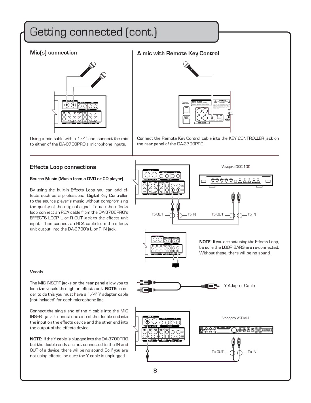 VocoPro DA-3700 owner manual Mics connection, Mic with Remote Key Control, Effects Loop connections 