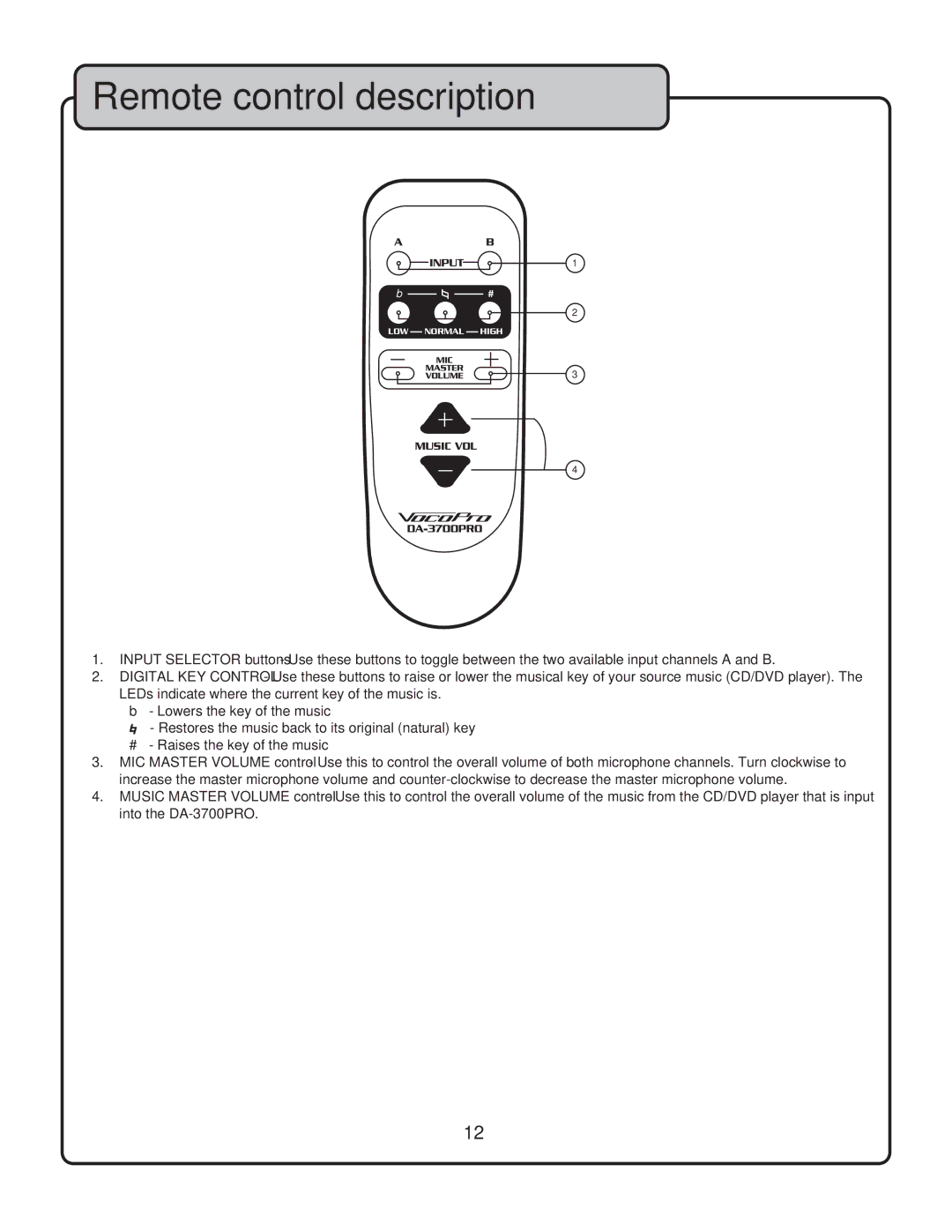 VocoPro DA-3700 owner manual Remote control description 