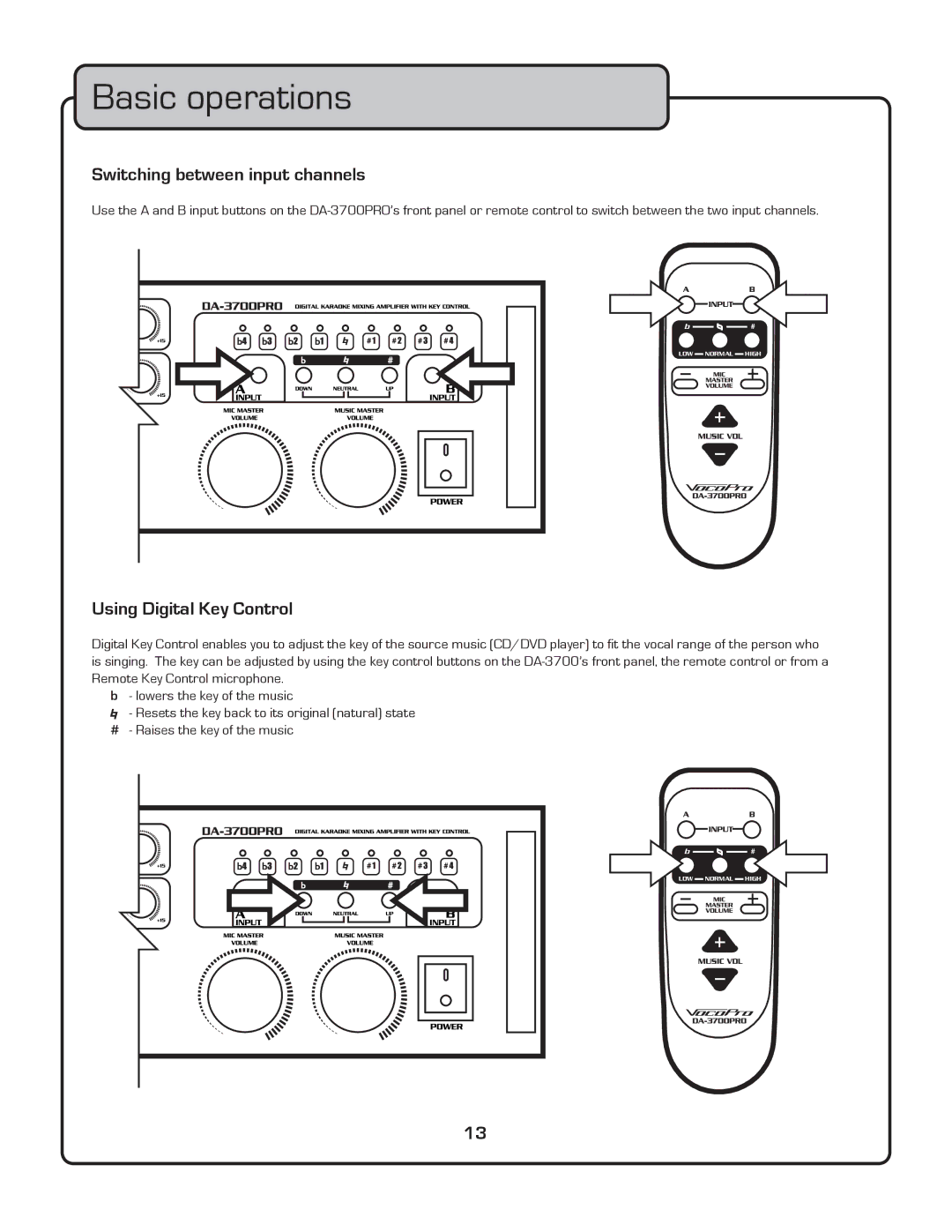 VocoPro DA-3700 owner manual Basic operations, Switching between input channels, Using Digital Key Control 