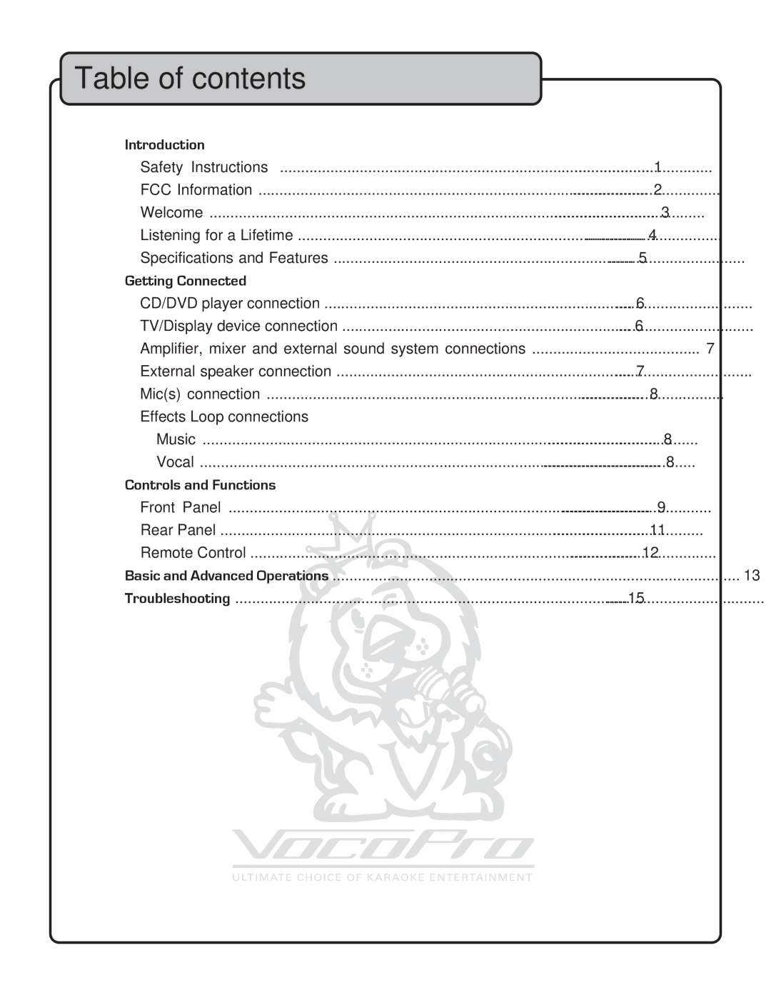 VocoPro DA-3700 owner manual Table of contents 