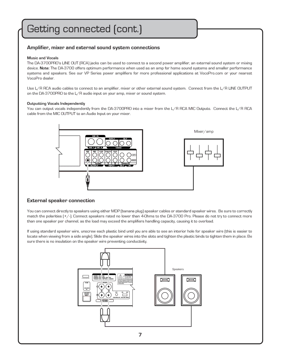 VocoPro DA-3700 owner manual Amplifier, mixer and external sound system connections, External speaker connection 