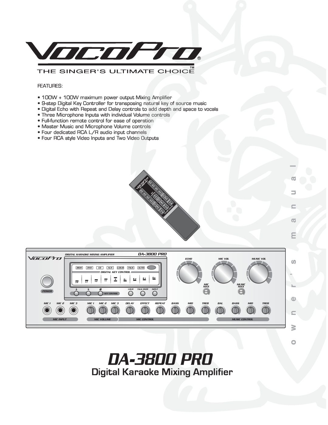 VocoPro DA-3800 PRO owner manual Digital Karaoke Mixing Amplifier 