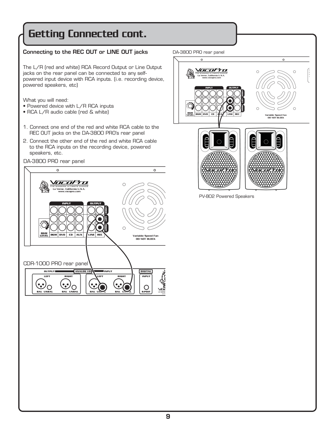 VocoPro DA-3800 PRO owner manual Getting Connected cont, Connecting to the REC OUT or LINE OUT jacks 