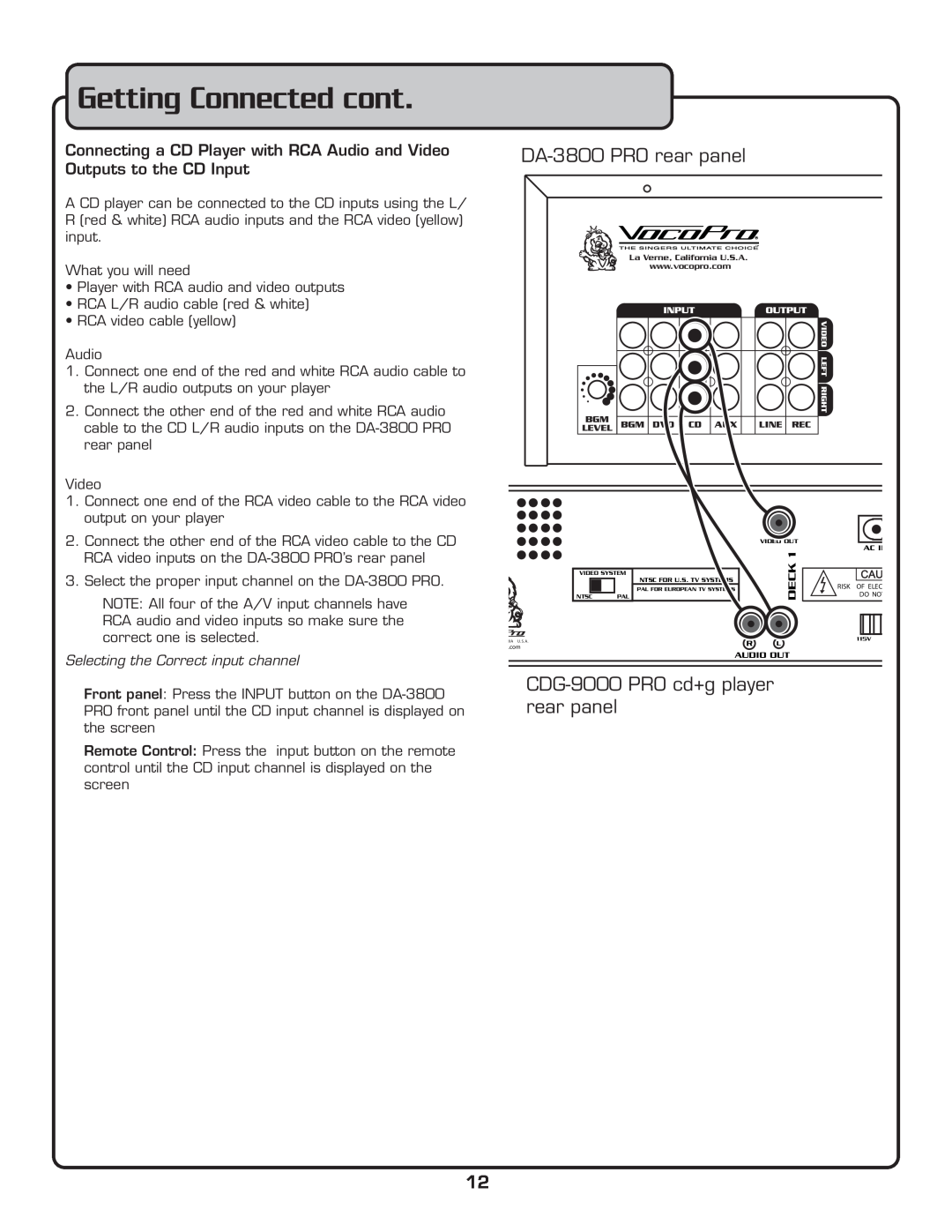 VocoPro DA-3800 PRO owner manual Getting Connected cont, Selecting the Correct input channel 
