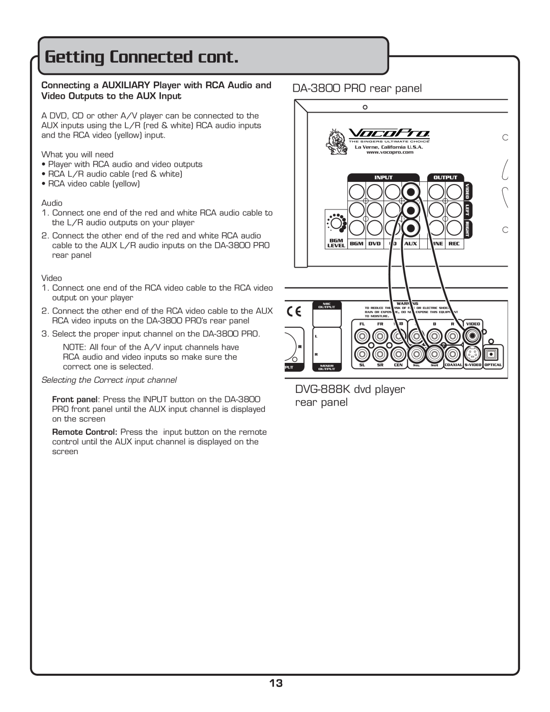 VocoPro DA-3800 PRO owner manual Getting Connected cont, Selecting the Correct input channel 