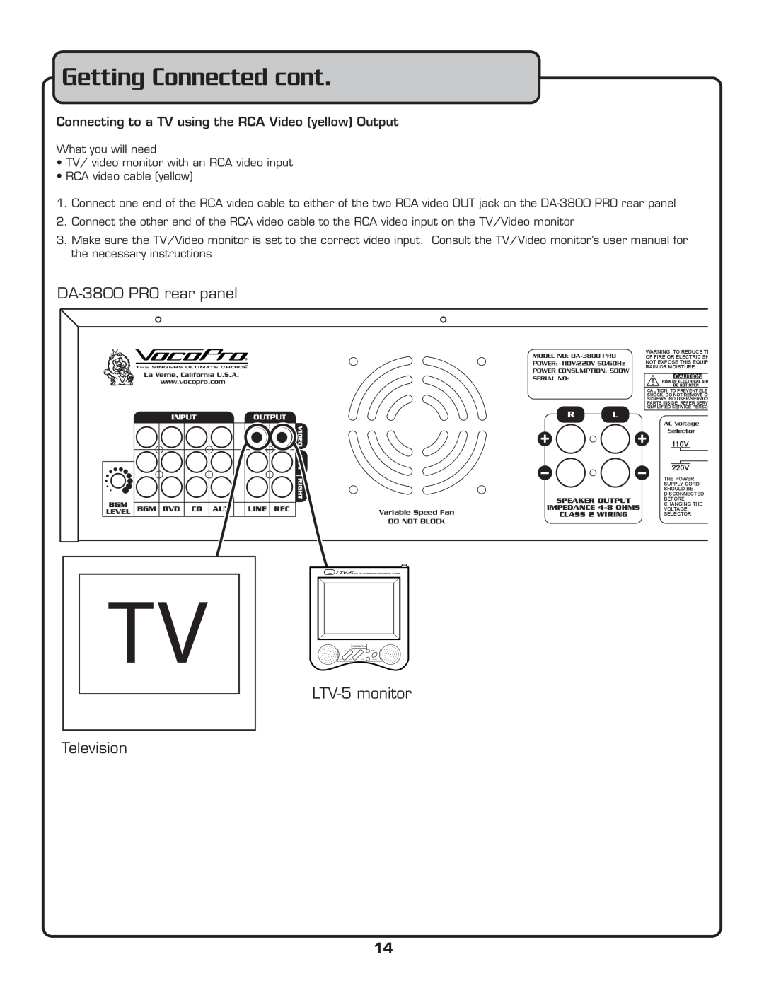 VocoPro DA-3800 PRO owner manual Getting Connected cont, Connecting to a TV using the RCA Video yellow Output 