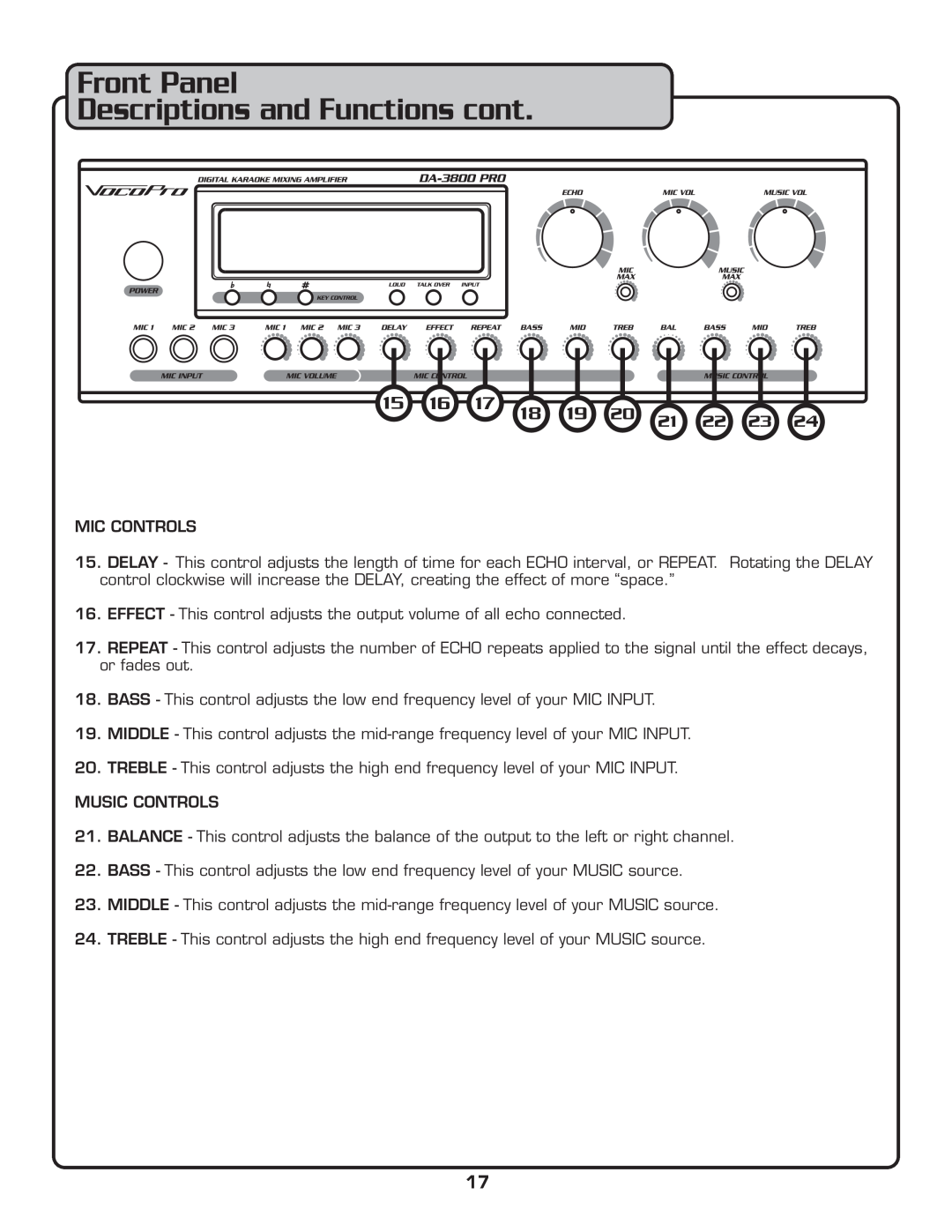 VocoPro DA-3800 PRO owner manual Front Panel Descriptions and Functions cont, Mic Controls 