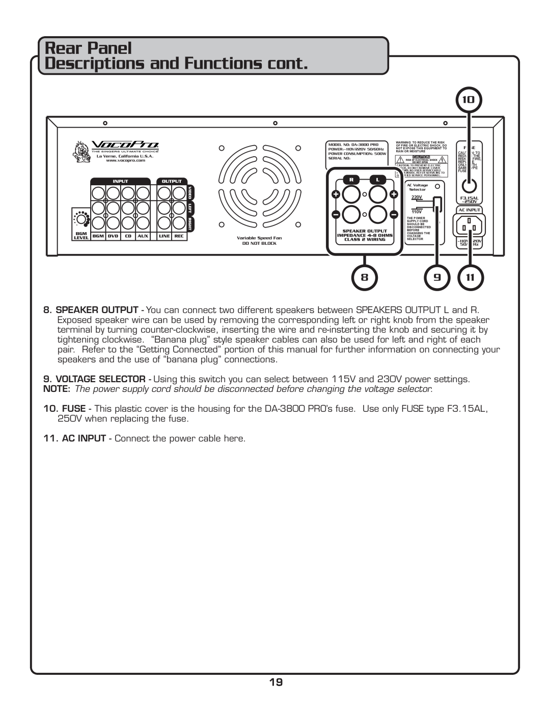 VocoPro DA-3800 PRO owner manual Rear Panel Descriptions and Functions cont 