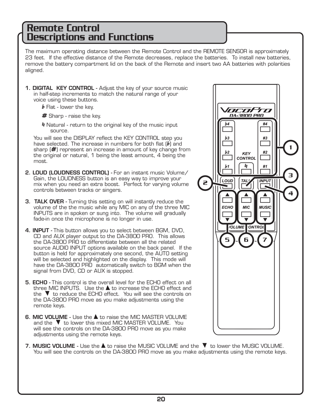 VocoPro DA-3800 PRO owner manual Remote Control Descriptions and Functions 