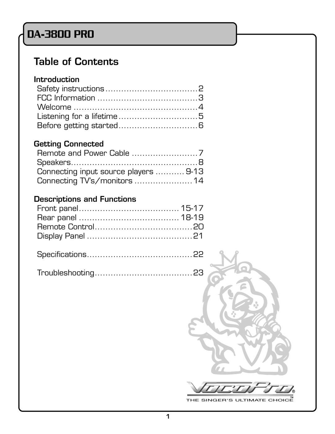 VocoPro DA-3800 PRO owner manual Table of Contents 