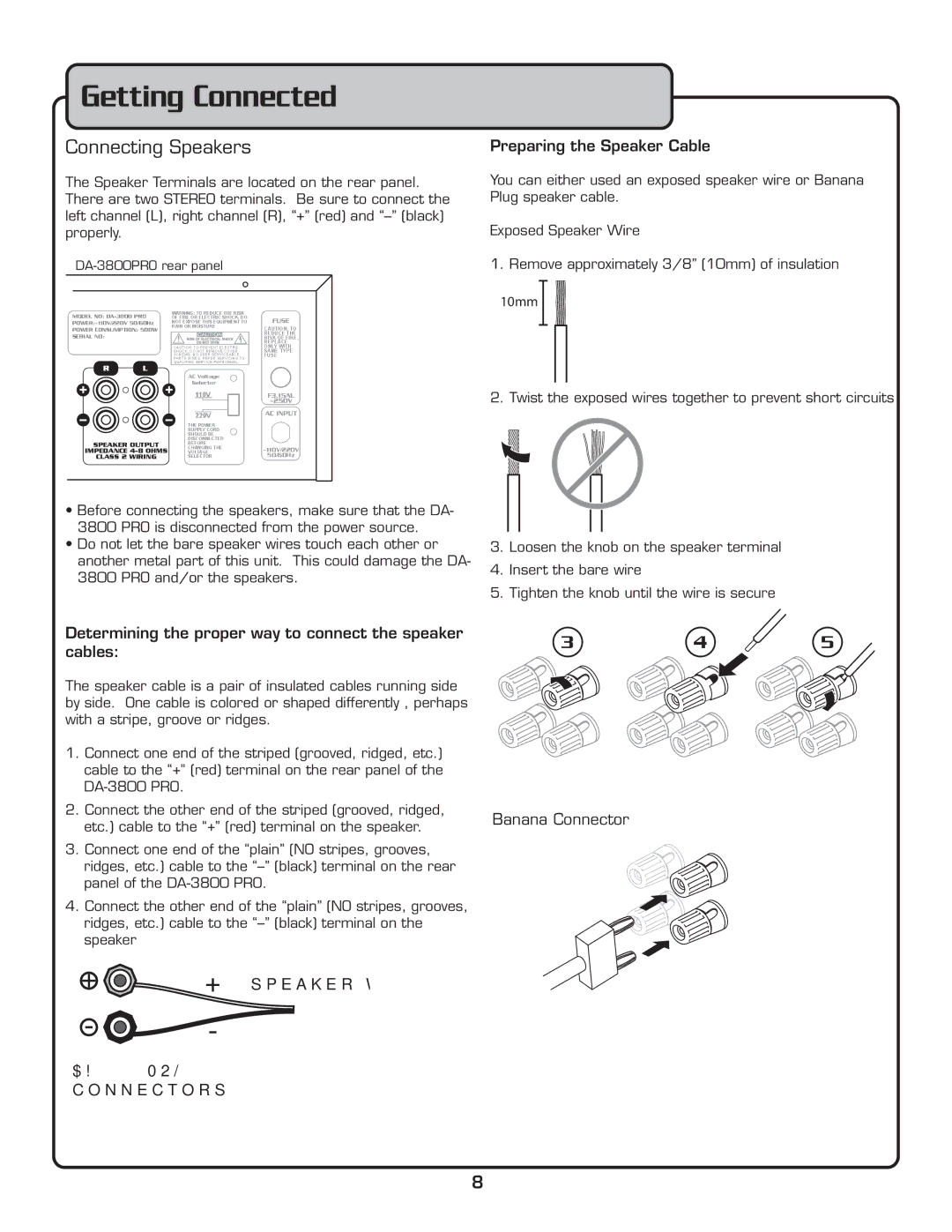 VocoPro DA-3800 PRO owner manual Connecting Speakers 