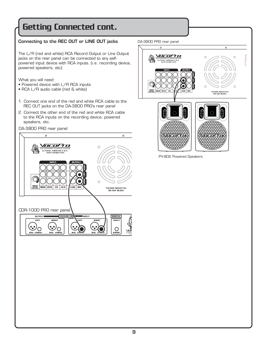 VocoPro DA-3800 PRO owner manual Connecting to the REC OUT or Line OUT jacks 