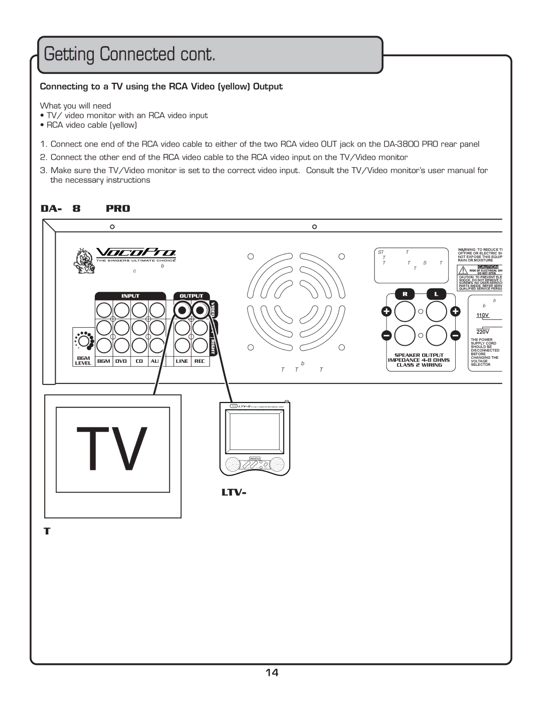 VocoPro DA-3800 PRO owner manual Connecting to a TV using the RCA Video yellow Output 