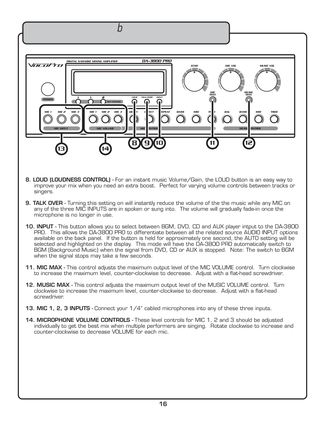 VocoPro DA-3800 PRO owner manual Front Panel Descriptions and Functions 