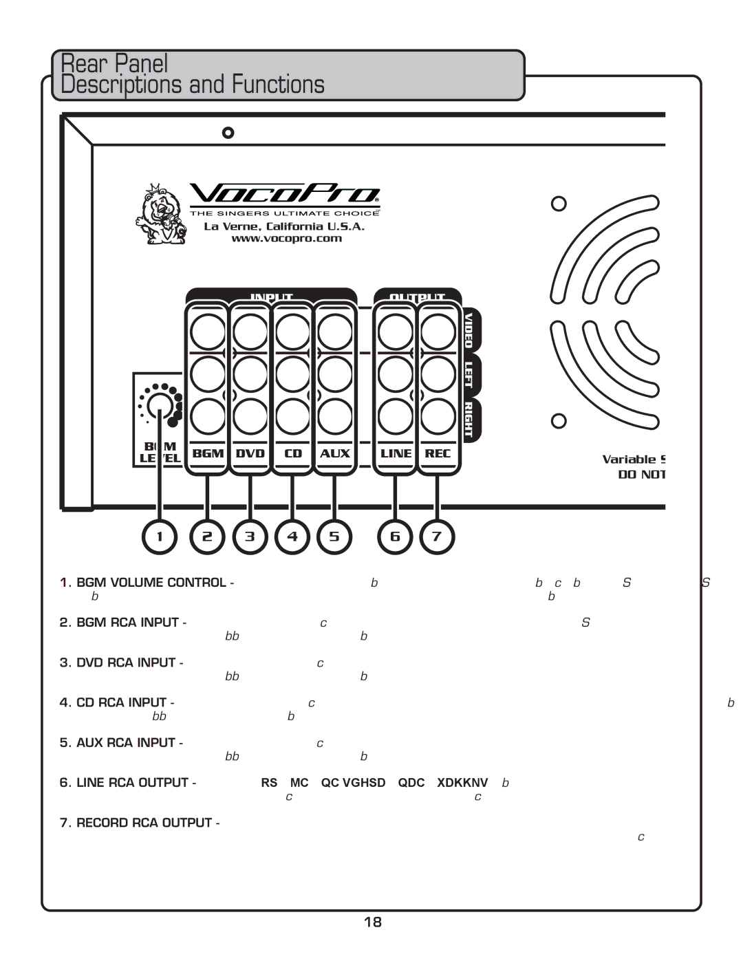 VocoPro DA-3800 PRO owner manual Rear Panel Descriptions and Functions 