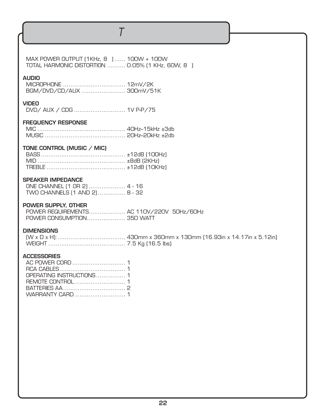 VocoPro owner manual DA-3800 PRO Speciﬁcations 