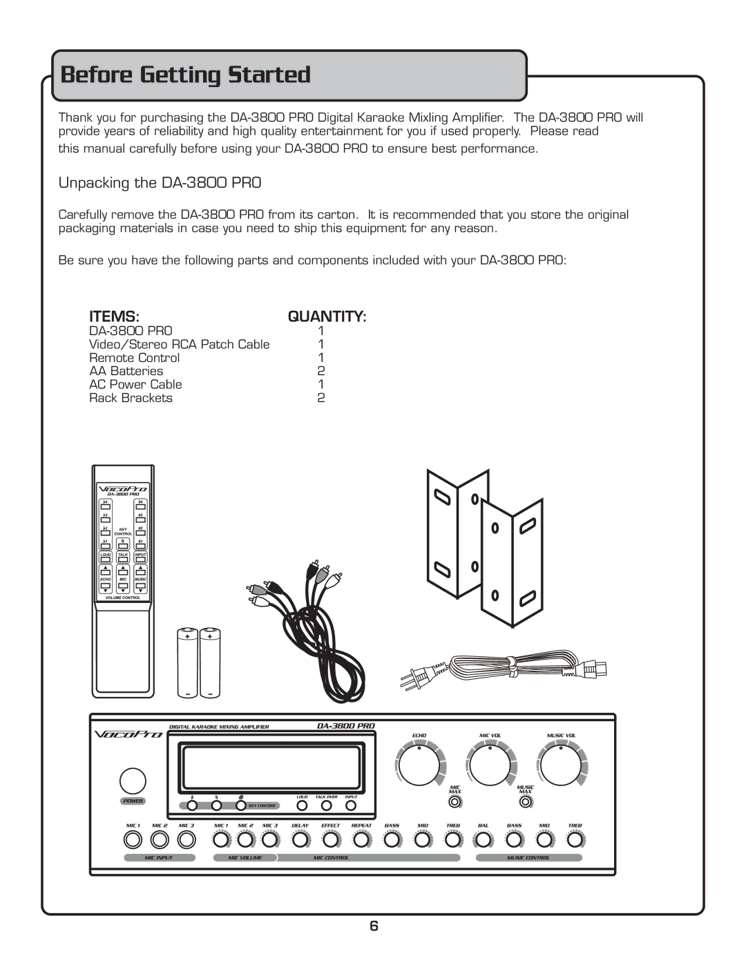 VocoPro owner manual Before Getting Started, Unpacking the DA-3800 PRO 