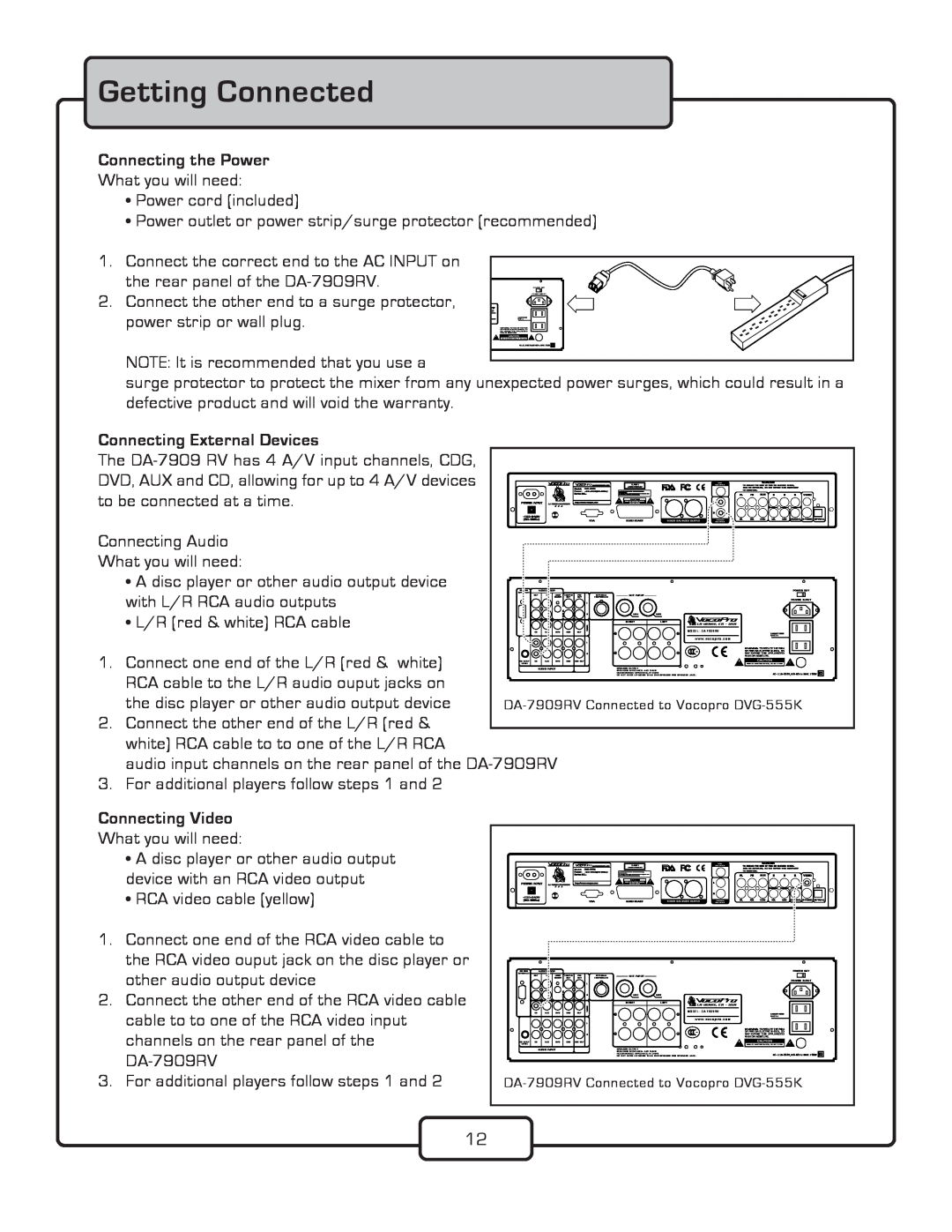 VocoPro DA-7909RV owner manual Getting Connected 