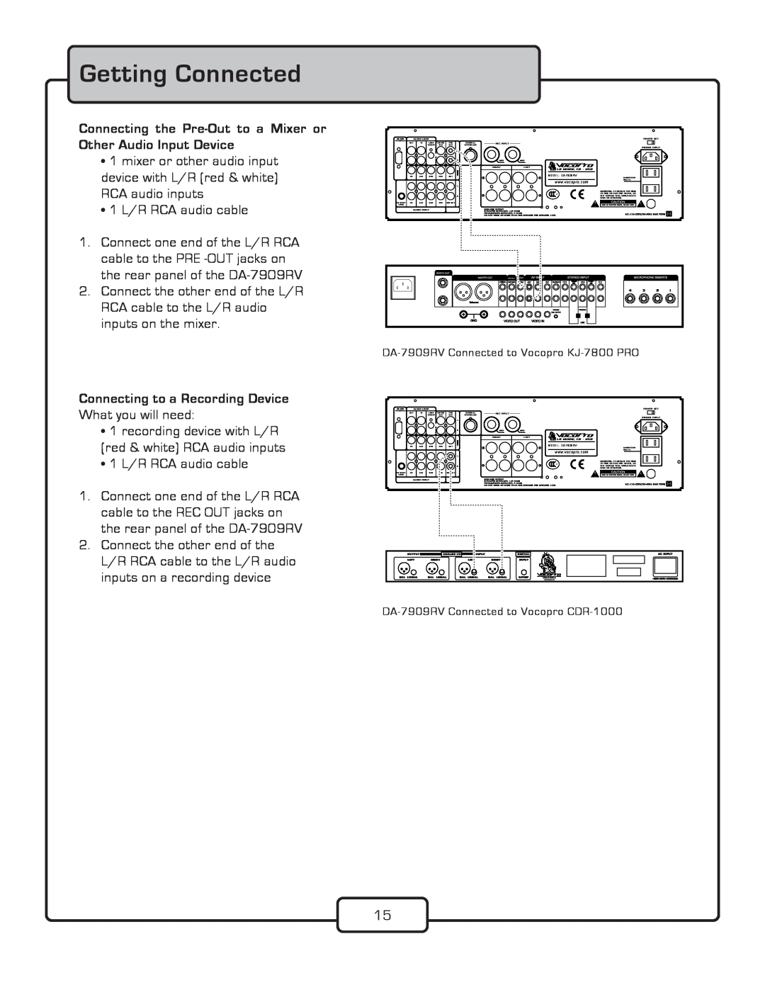 VocoPro DA-7909RV owner manual Getting Connected, 1 L/R RCA audio cable 