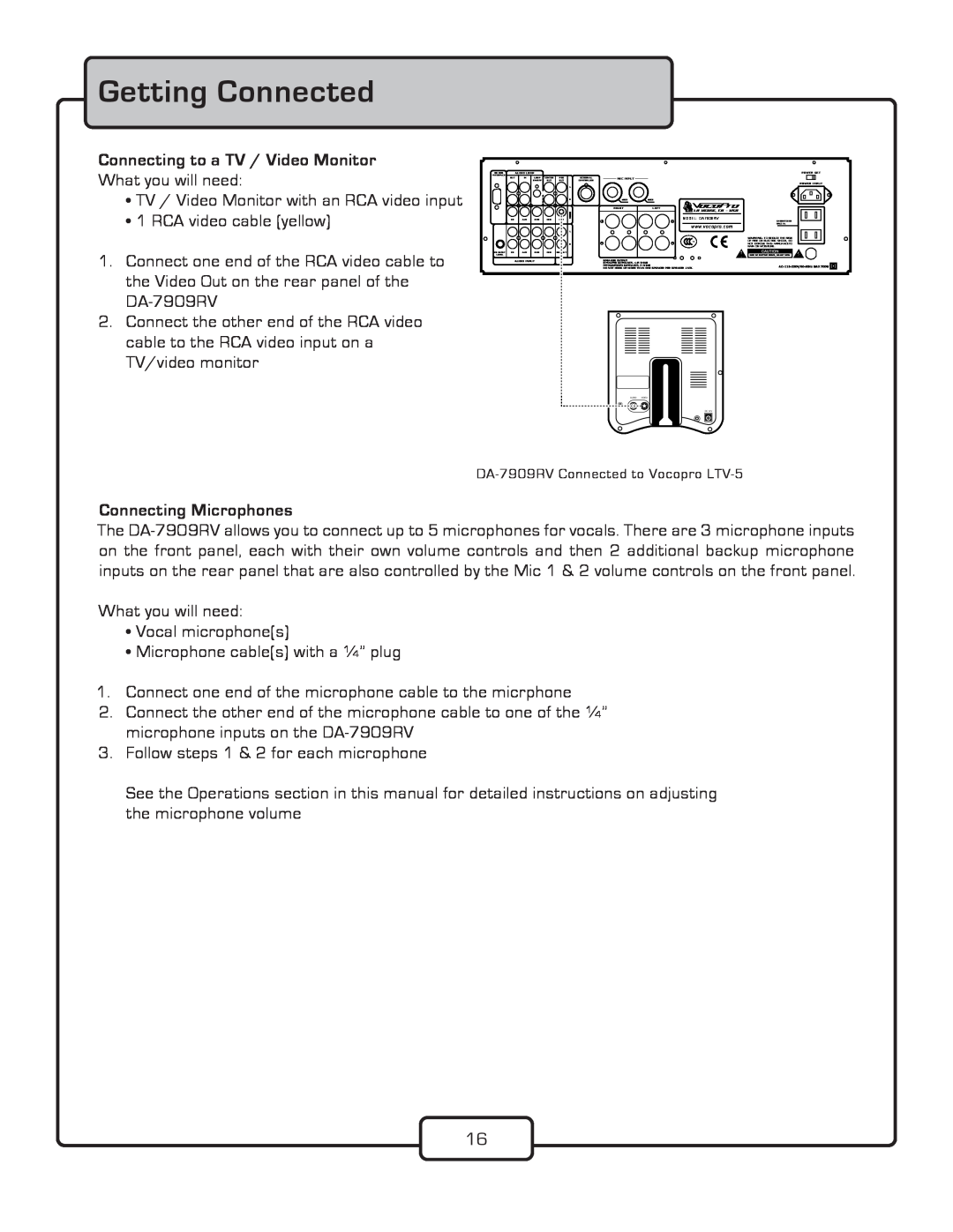 VocoPro DA-7909RV owner manual Getting Connected, Connecting Microphones 