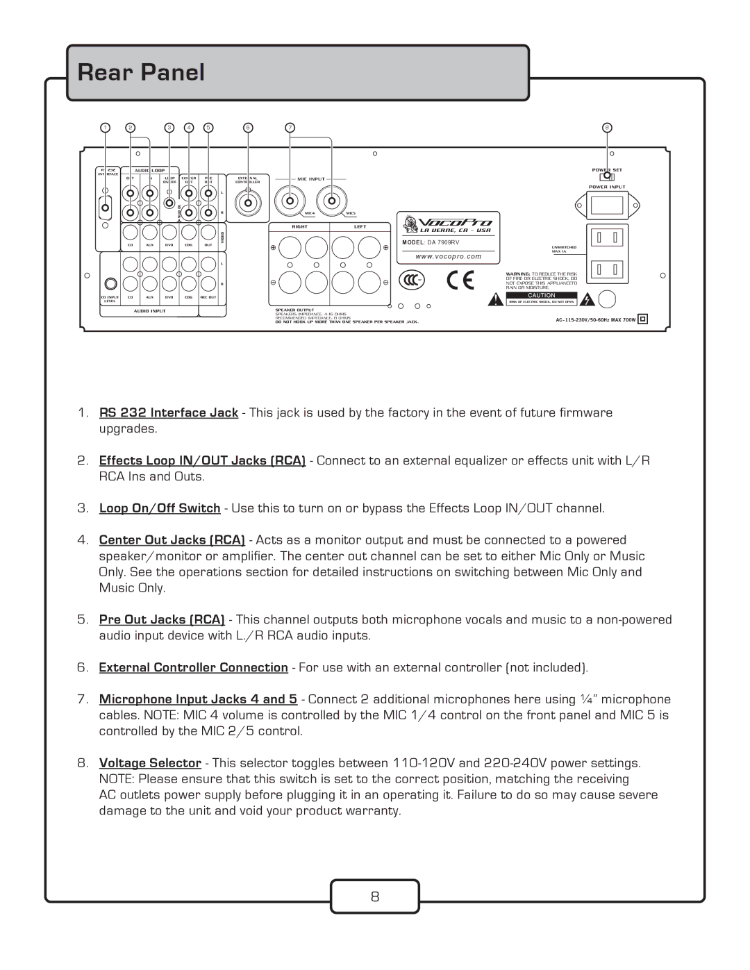 VocoPro DA-7909RV owner manual Rear Panel 